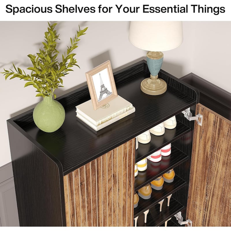 29" Brown & Black Shoe Cabinet with Doors, 5 Tiers