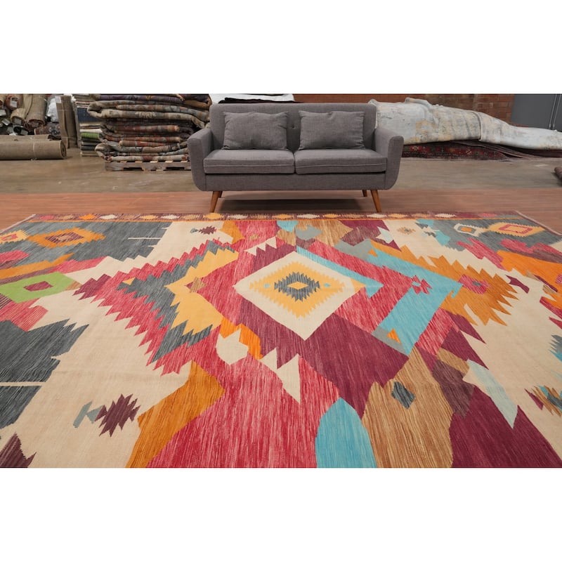 Hand Woven Oriental 100% Wool Carpet Southwestern Tribal Multi-Colored Kilim Area Rug - 12' 11'' X 10' 2''