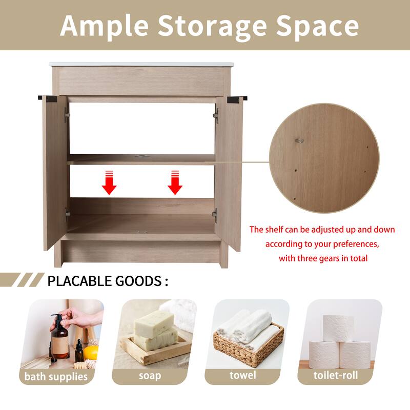 ARTCHIRLY 24/30/36 Inch Bathroom Vanity with Sink, Freestanding Bathroom Vanity with 2 Soft Close Doors and Adjustable Shelf
