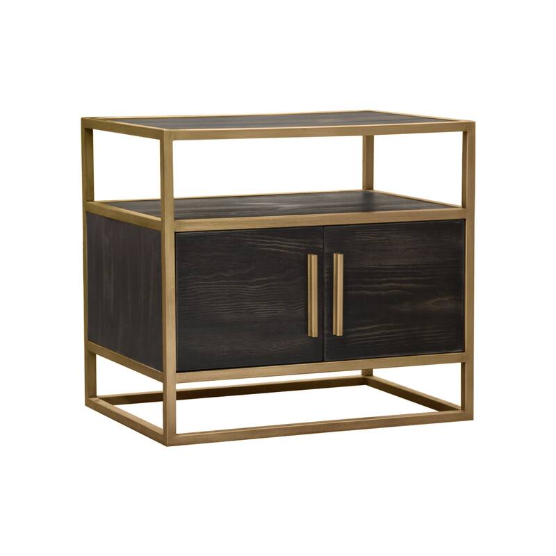 Chek 26 Inch Side Table Nightstand, 2 Doors, 1 Shelf, Dark Brown, Gold Steel