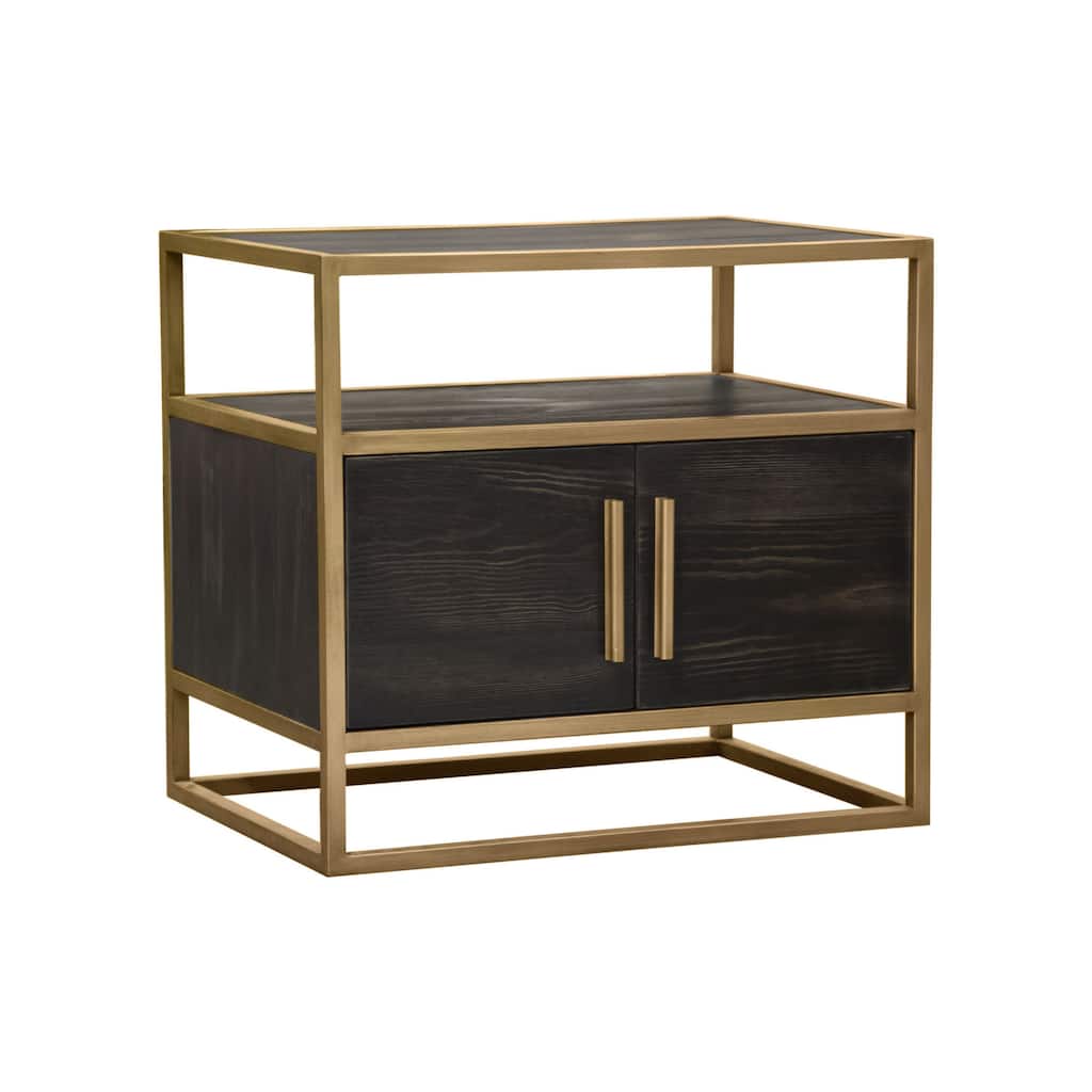 Chek 26 Inch Side Table Nightstand, 2 Doors, 1 Shelf, Dark Brown, Gold Steel