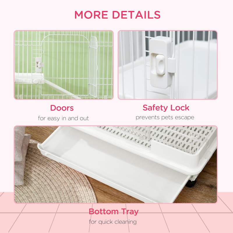 White Multi-Level Bunny Hutch with Top and Front Doors Safe Wire Bars Removable Tray Wheels - 32"L x 20.75"W x 43.25"H