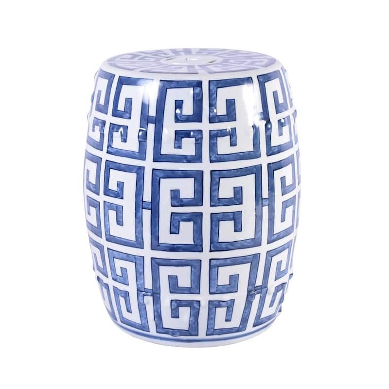 Blue and White Greek Key Garden Stool