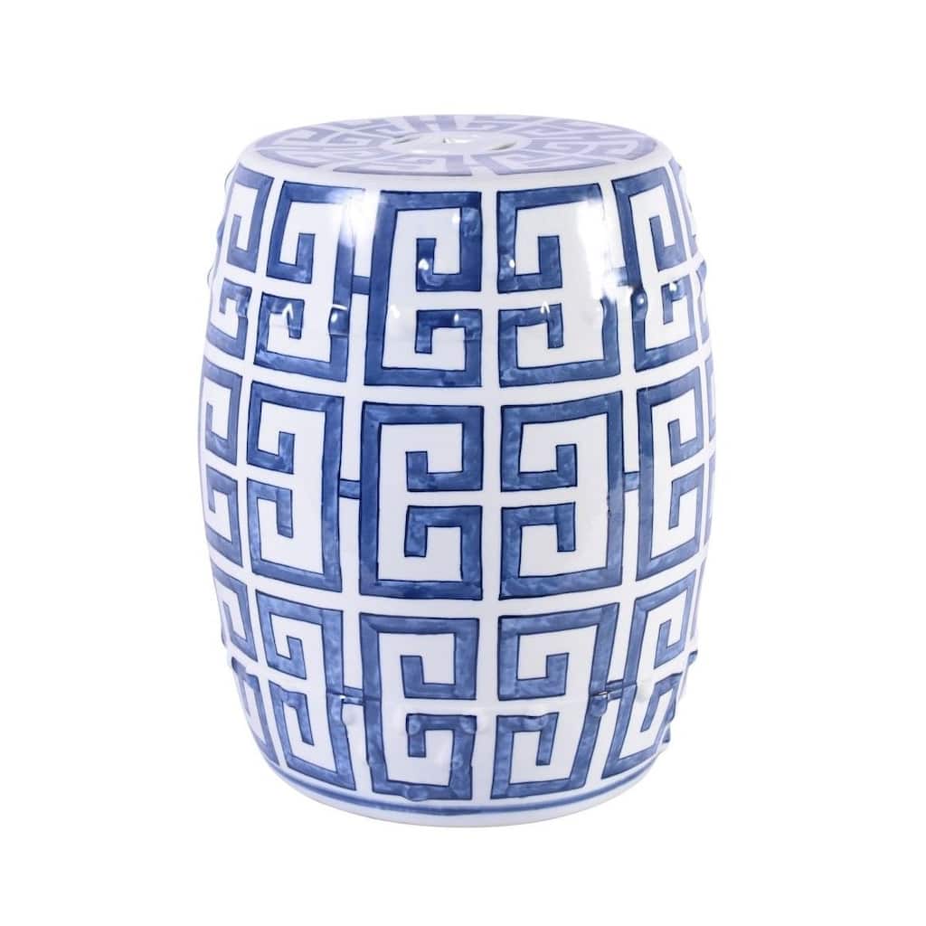 Blue and White Greek Key Garden Stool