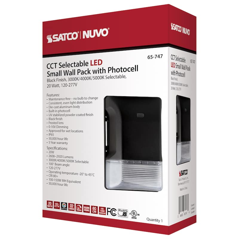 LED Small Wall Pack 20W CCT Selectable 3K/4K/5K Black Finish 100-277V