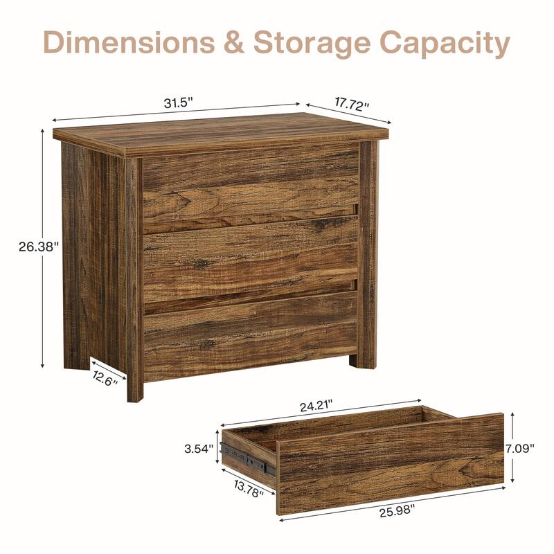 Wood Nightstand with 3 Drawers, Farmhouse Large Bedside Table with Storage