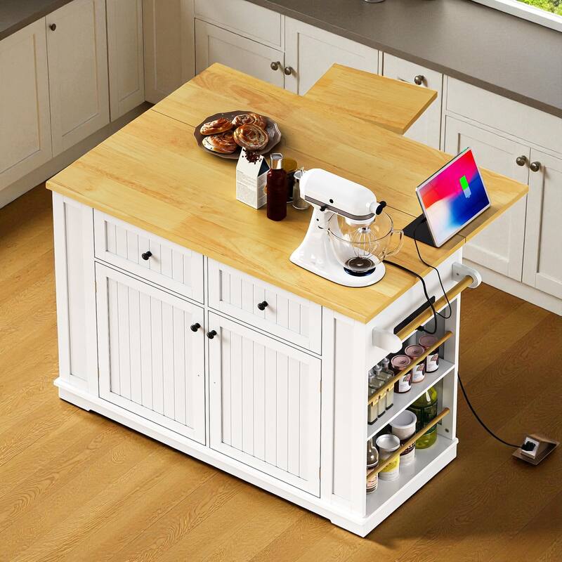 48" Kitchen Island with Drop Leaf & Power Outlet, Rolling Storage Cart with Internal Racks, Drawers & Shelves