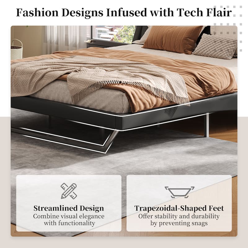 Christopher Knight Home - Persephone PU Leather Bed Frame with Wave-Like Curve Design and Trapezoidal-Shaped Leg