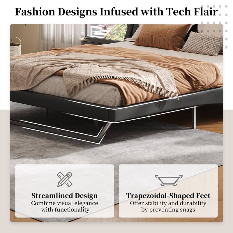 Wave-Like Curve Design Platform Bed Pu Leathe Upholstered Bed Frame Wooden Slat Support