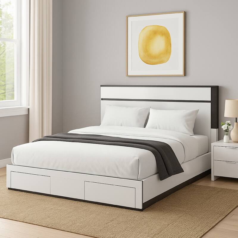 Kena Queen Size Bed, White Gray Panel Headboard, Low Profile Footboard