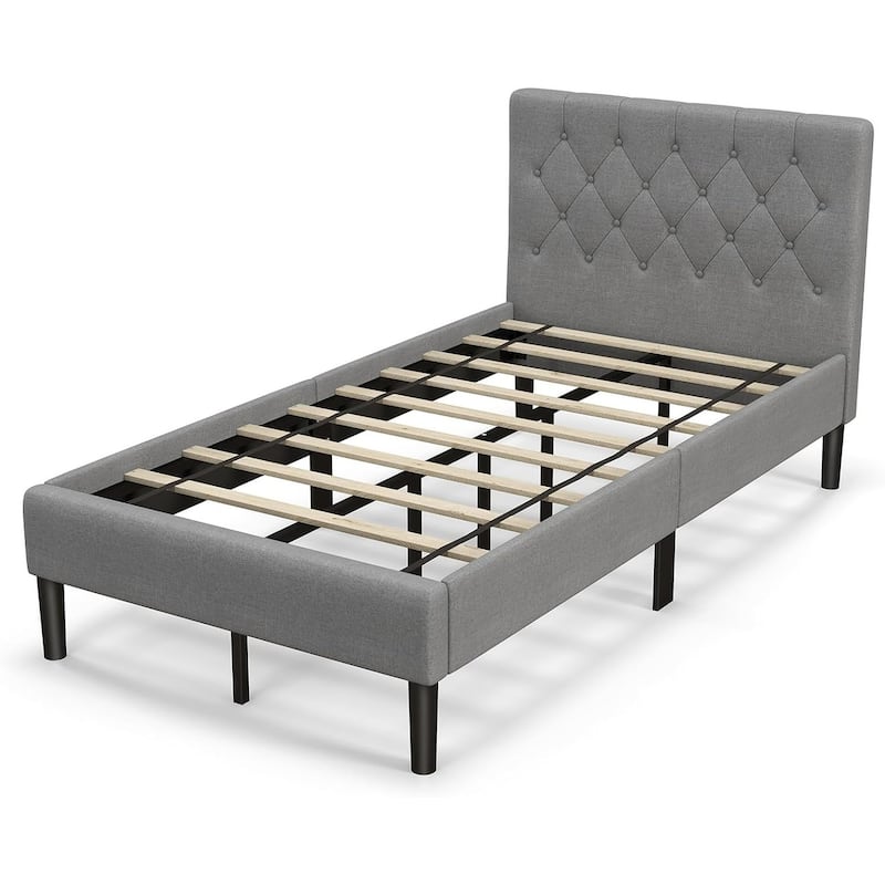 Twin Bed Frames for Kids Upholstered Platform Bed w/ Tufted Headboard - Grey