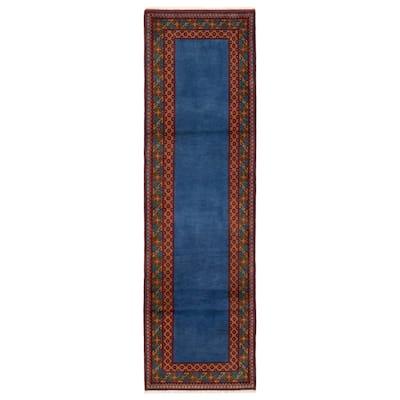 ECARPETGALLERY Hand-knotted Uzbek Kargahi Blue Wool Rug - 2'9 x 9'7