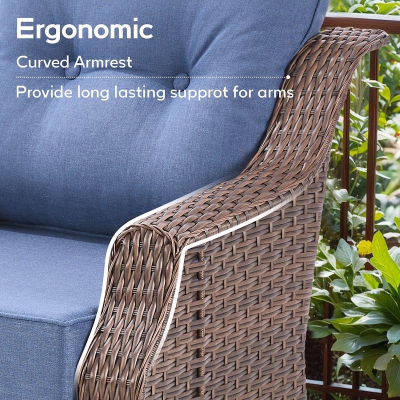 Outdoor 3 Seater Sofa Deep Seat Sofa - Blue Cushion - Brown