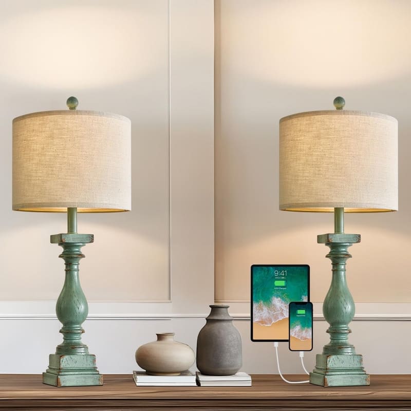 27" Farmhouse Table Lamp Set of 2 with USB A and C