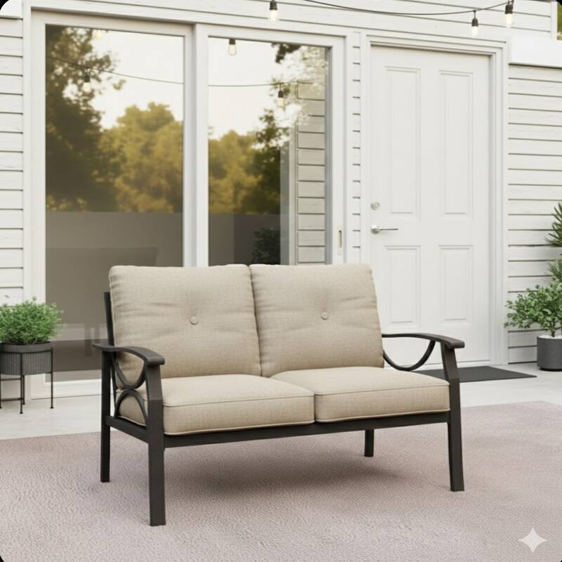 48" Metal Loveseat 2 Seats Couch Sofa, Khaki Frame with Beige Cushions