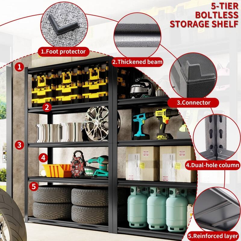 5-Tier Adjustable Heavy Duty Metal Storage Shelves, Black, 72/78"H