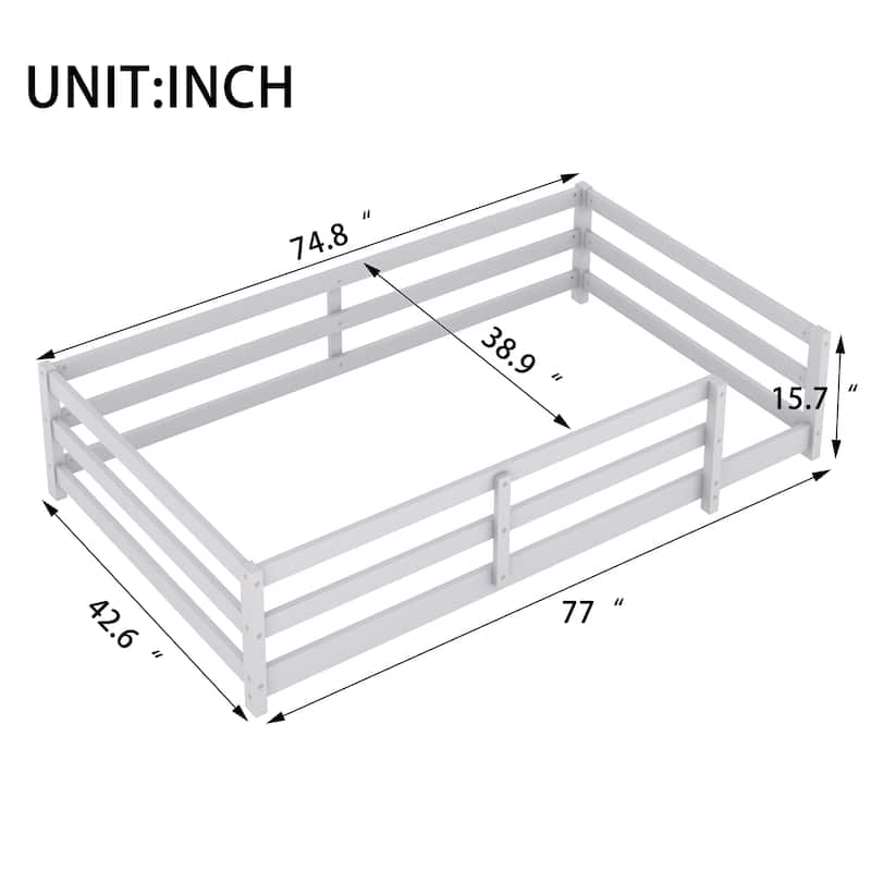 Toddler Montessori Bed Kids Floor Bed Frame with Fences, No Slats Wood Frame Bed for Kids Girls Boys Children's Room