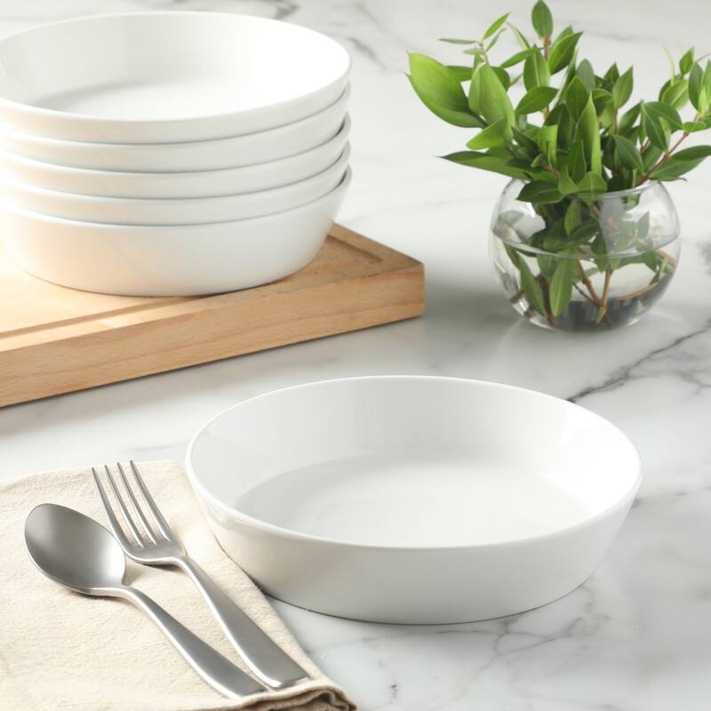Martha Stewart Selma 6-Piece 41oz 8 Inch Large Pasta Bowls Porcelain Ceramic Chip and Scratch Resistant Shallow Bowls