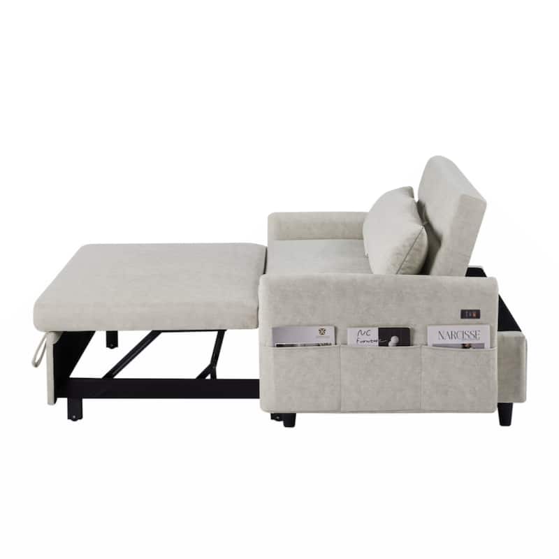 55.1" Pull Out Sleep Sofa Bed Loveseats Sofa Couch with Adjsutable Backrest,Storage Pockets,2 Soft Pillows,USB Ports,Beige