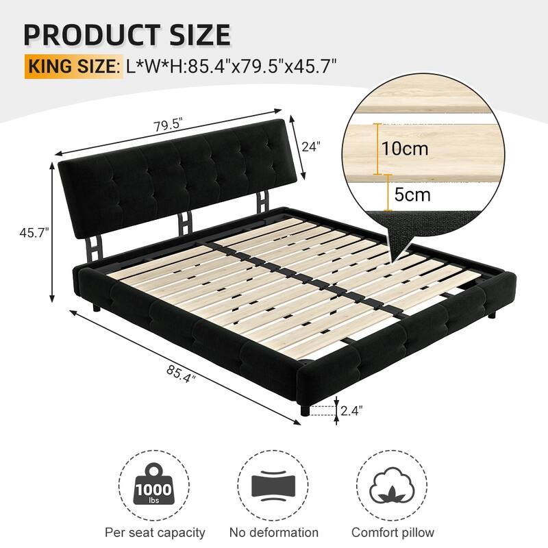 Chenille Fabric Bed Frame, Tufted Upholstered Platform Bed with Adjustable Feet, Metal and Wood Slats Double Support, Noise Free