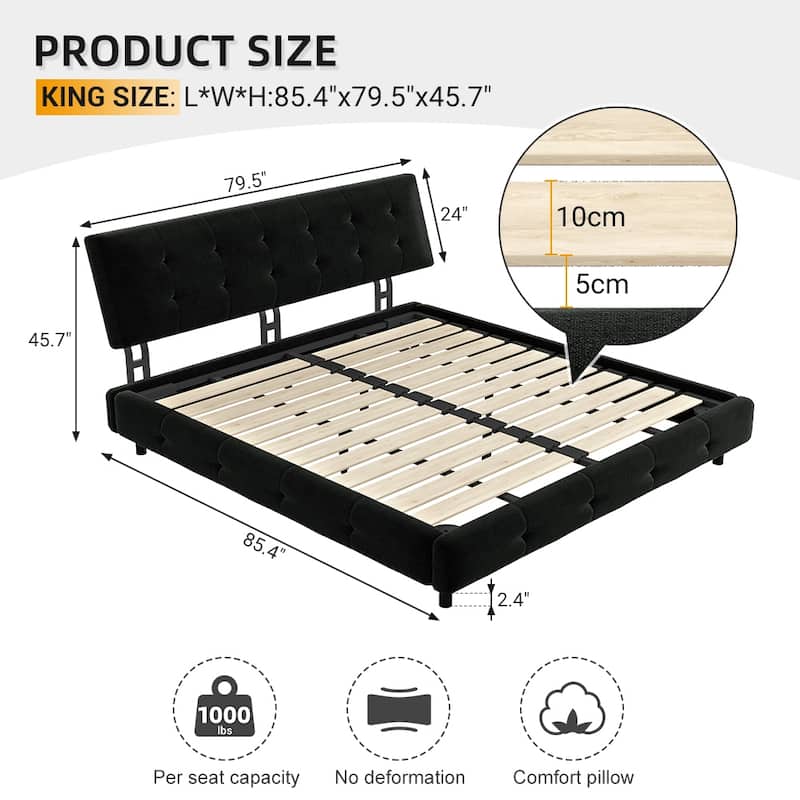 King Size Bed Frame,Tufted Headboard with Extra-Large Ultra-Soft Cloud Pillow Design,Chenille Platform Bed