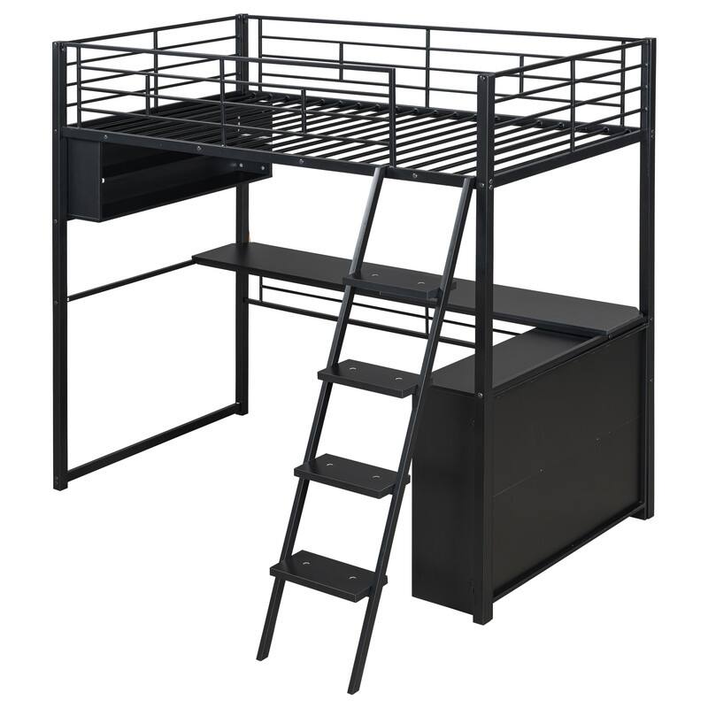 Twin/Full Size Kids Loft Bed with LED Light and Storage Shelves, Teens Metal Bed Frame with Ladder and Desk