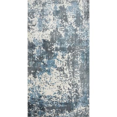 Hand Knotted Oriental Viscose Silk Carpet Modern All-Over Navy Blue & Blues Abstract Area Rug - 3' 9'' X 2' 1''