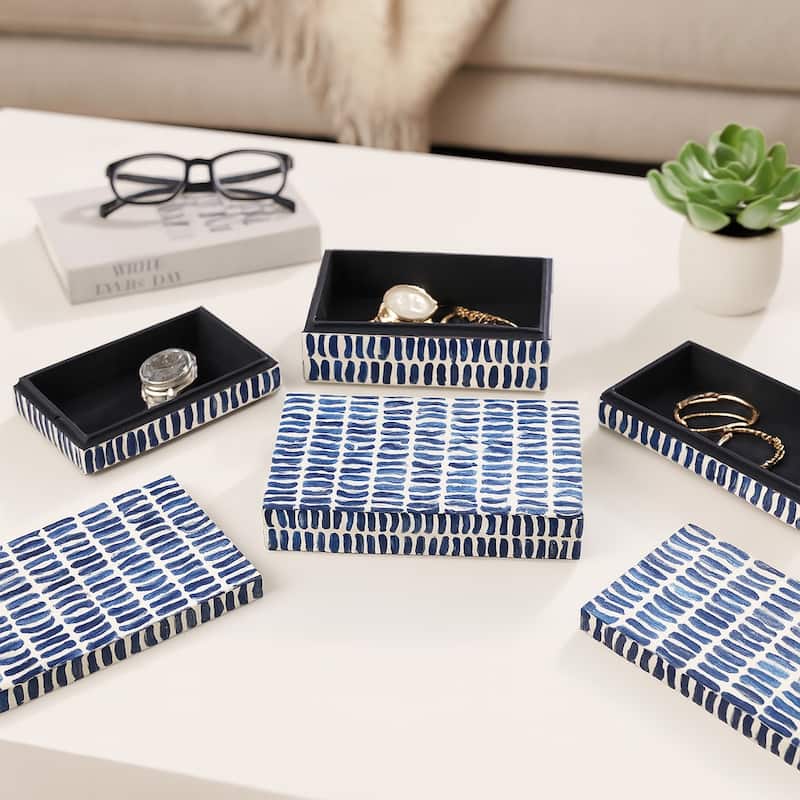 Decorative Boxes with Lid - Set of 3, 10", 11", 12", Blue & White - 12.0"