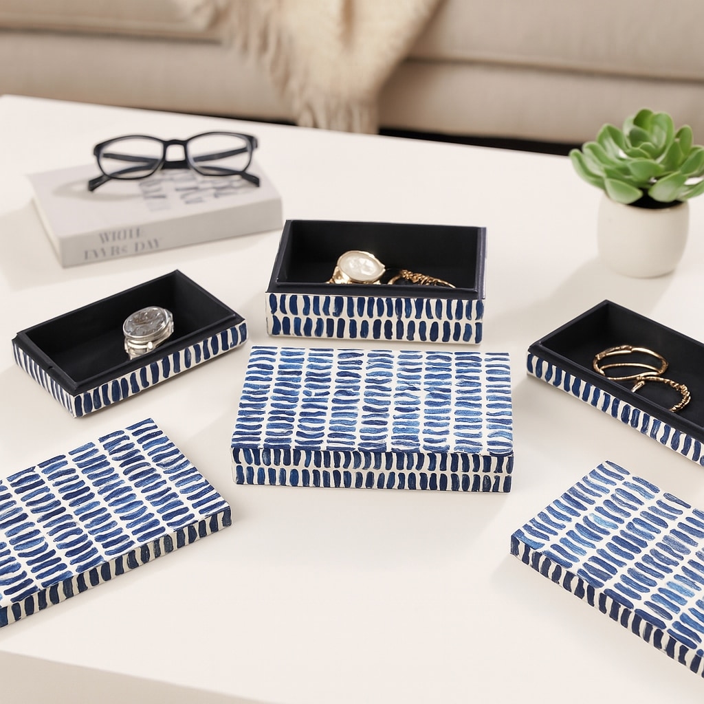 Decorative Boxes with Lid - Set of 3, 10", 11", 12", Blue & White - 12.0"