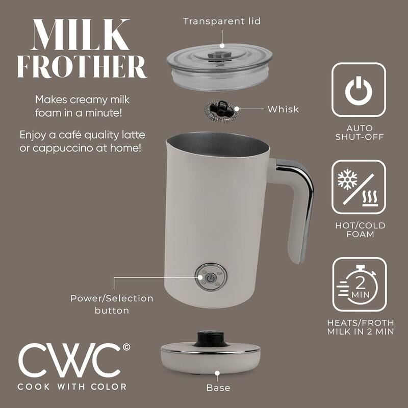 COOK WITH COLOR 4-in-1 Electric Milk Steamer and Frother - 2-Minute Heating and Frothing, Hot and Cold Foam Maker