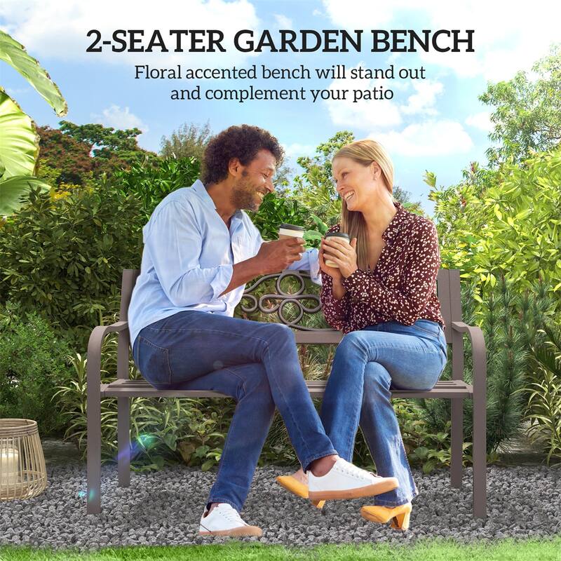 Two Curved Seats Outdoor Garden Bench with Floral Backrest and Steel Frame Armrests - 50" W x 24.4" D x 33.9" H