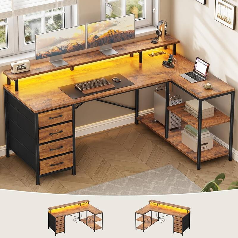 L Shaped Desk with 4 Drawers and Storage Shelves Gaming Desk - Brown