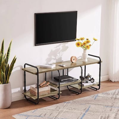 Wood Metal TV Stand with Open Shelves for TVs up to 60 Inches - 15.7 x 55.1 x 23.6 inches