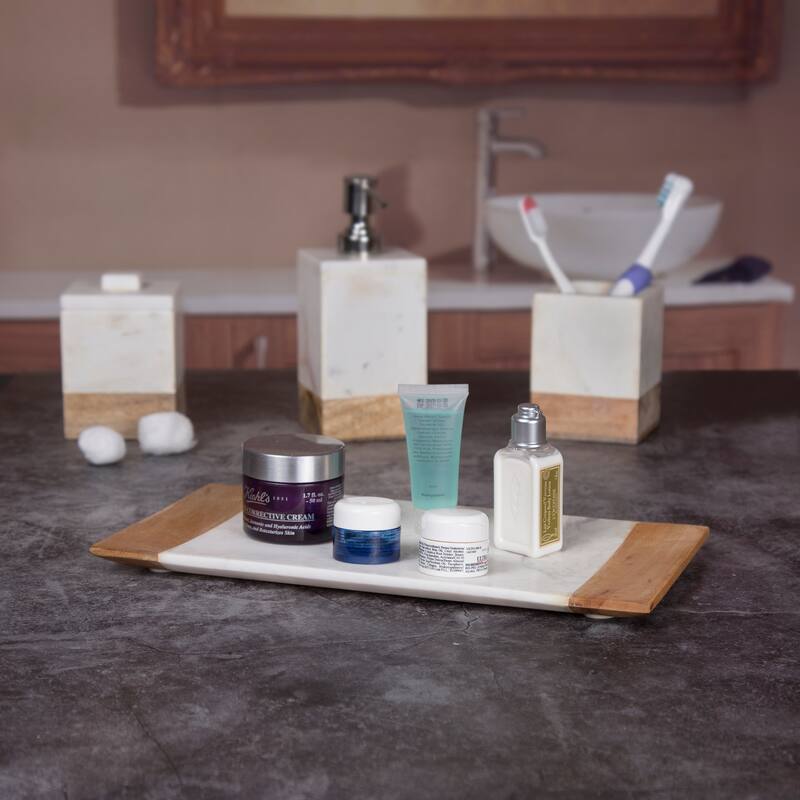 Creative Home Off-White Marble and Mango Wood Vanity Tray, Bath Towel Tray, Bathroom Accessory Organizer