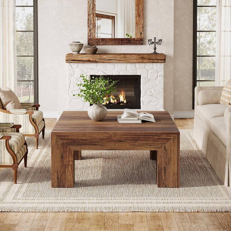 Farmhouse Square Coffee Table for Living Room, 39.37-Inch Low Large Center Tea Accent Table