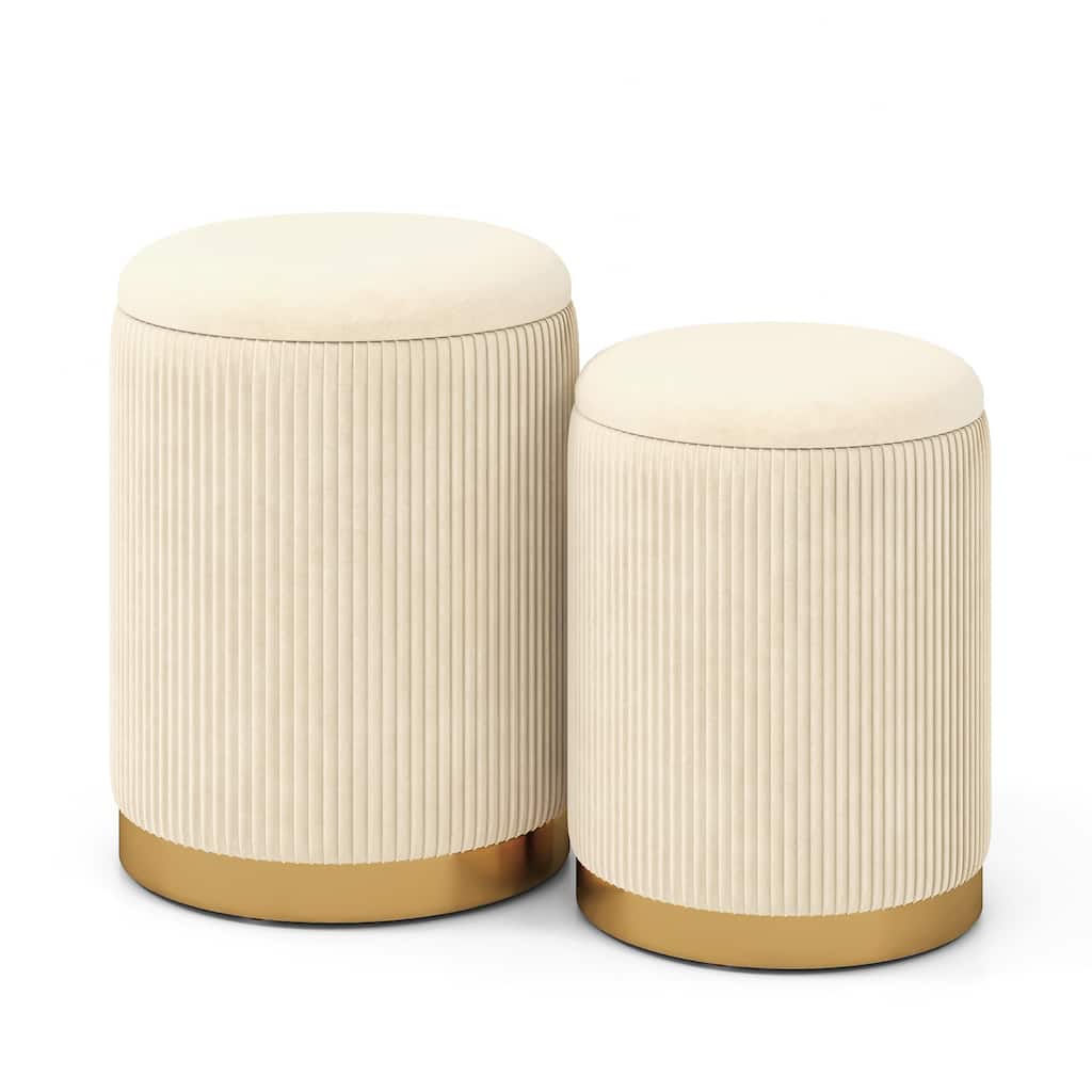 Set of 2 Velvet Nesting Storage Ottomans with Gold Base Round Footstool & Vanity Stool with Hidden Compartment