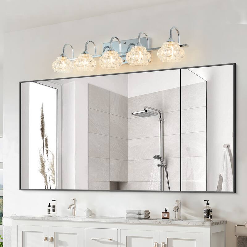 29" Nickel Finish Vintage Crystal Vanity Light - Elegant 5-Light Bathroom Mirror Fixture with Clear Glass Shades (No Bulbs) - Chrome