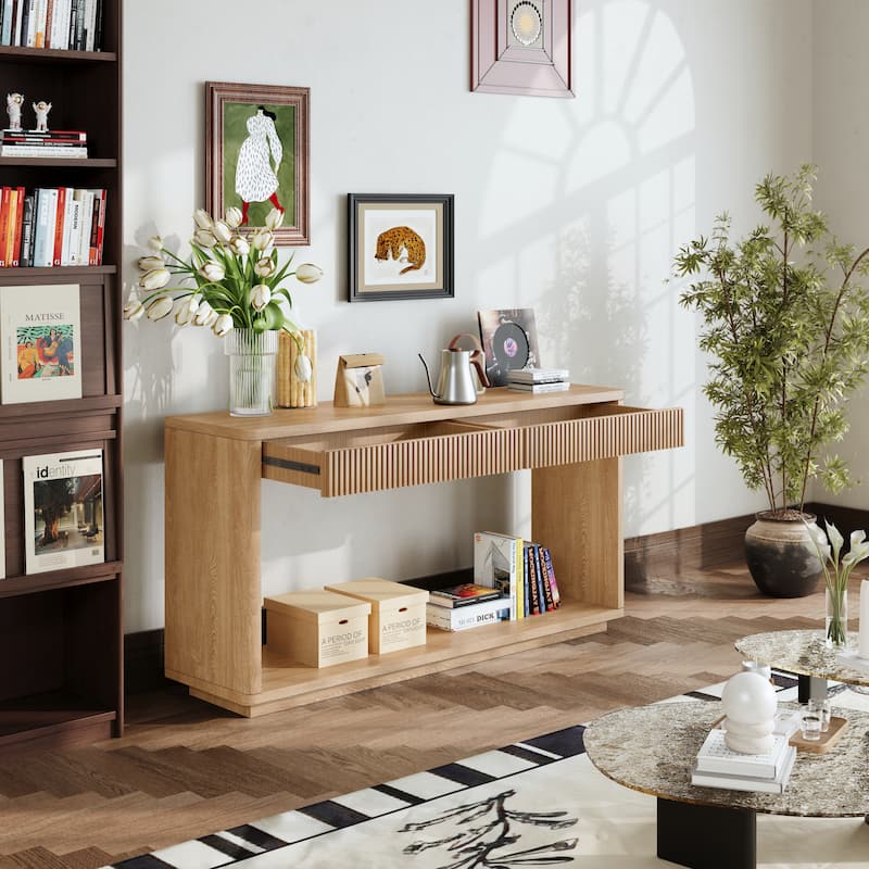 60" Modern 2-Drawer Fluted Console Table Natural Wood Veneer Sofa Table Behind Couch Table for Living Room