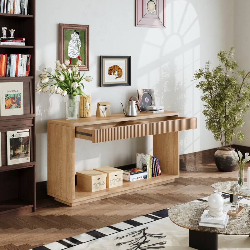Rectangular Entryway Console Table with 2 Fluted Drawers, Sofa Table Behind Couch Table for Living Room Hallway