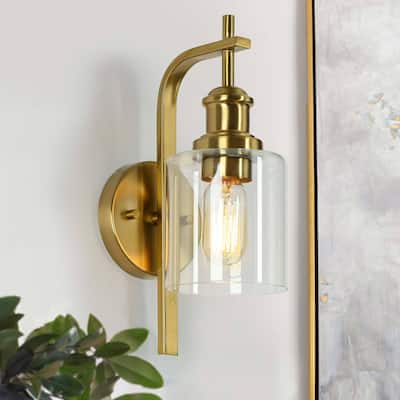 Modern 1 Light Gold Wall Sconce Cylinder Clear Glass Bathroom Vanity Light - Brushed Electroplated Copper - W4.5"xD7.5"xH12.5"