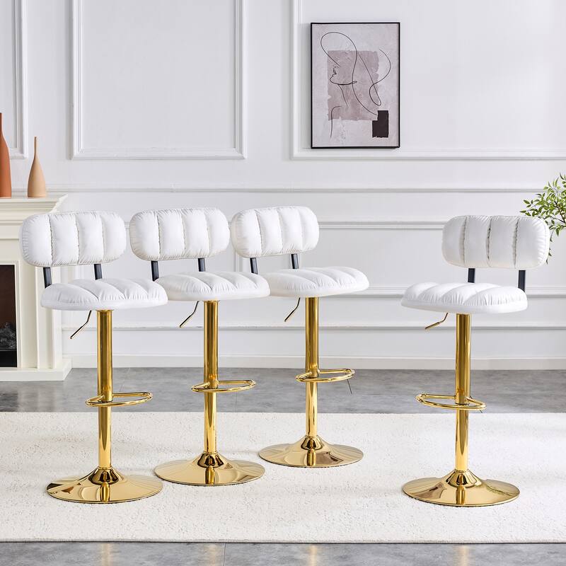 Set of 2 Adjustable Height Bar Stools, White PU Leather with Gold Metal Base & Footrest