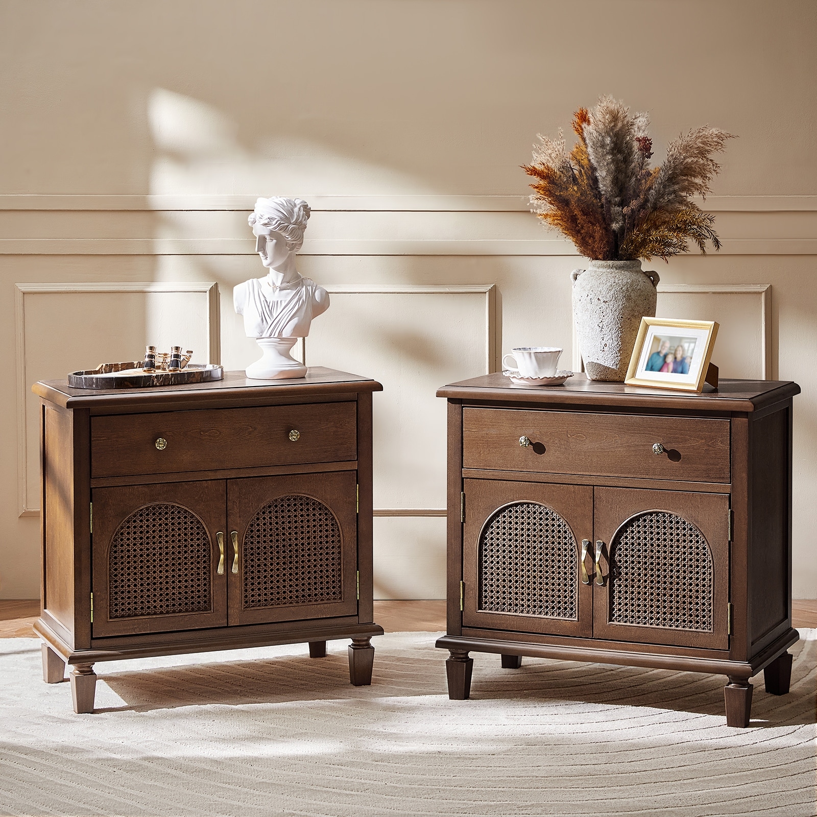 HULALA HOME Georg Traditional 1-Drawer and Faux rattan-Door End Table with Power Outlet and Adjustable Shelf Set of 2