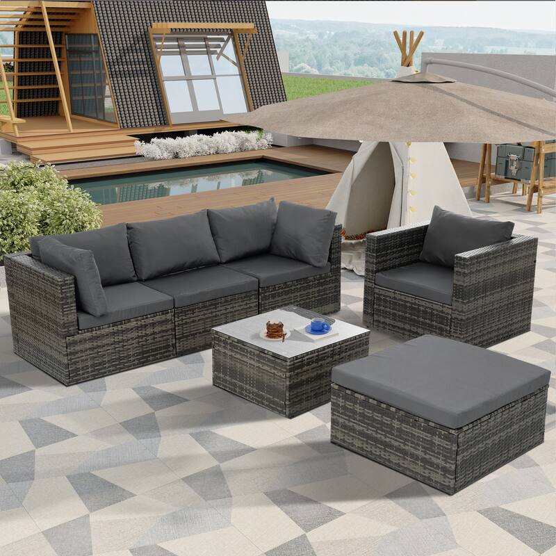 6-Piece Wicker Patio Conversation Set with Dark Blue Cushions