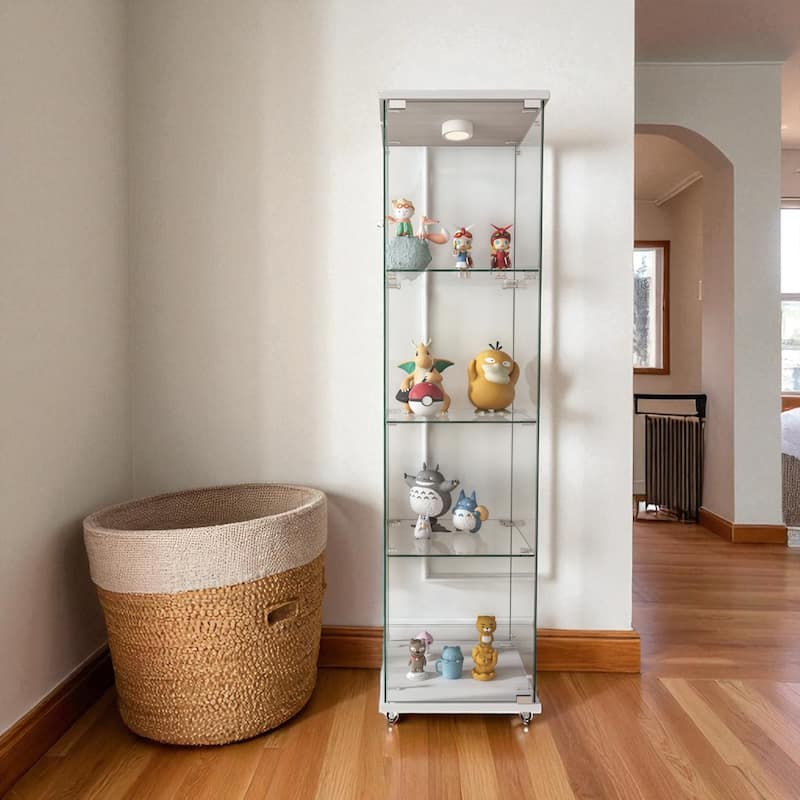 Glass Display Cabinet with Doors & Locks, Acrylic Shelves, Floor Standing Storage Showcase for Home or Office - 4Shelves-1Door - White