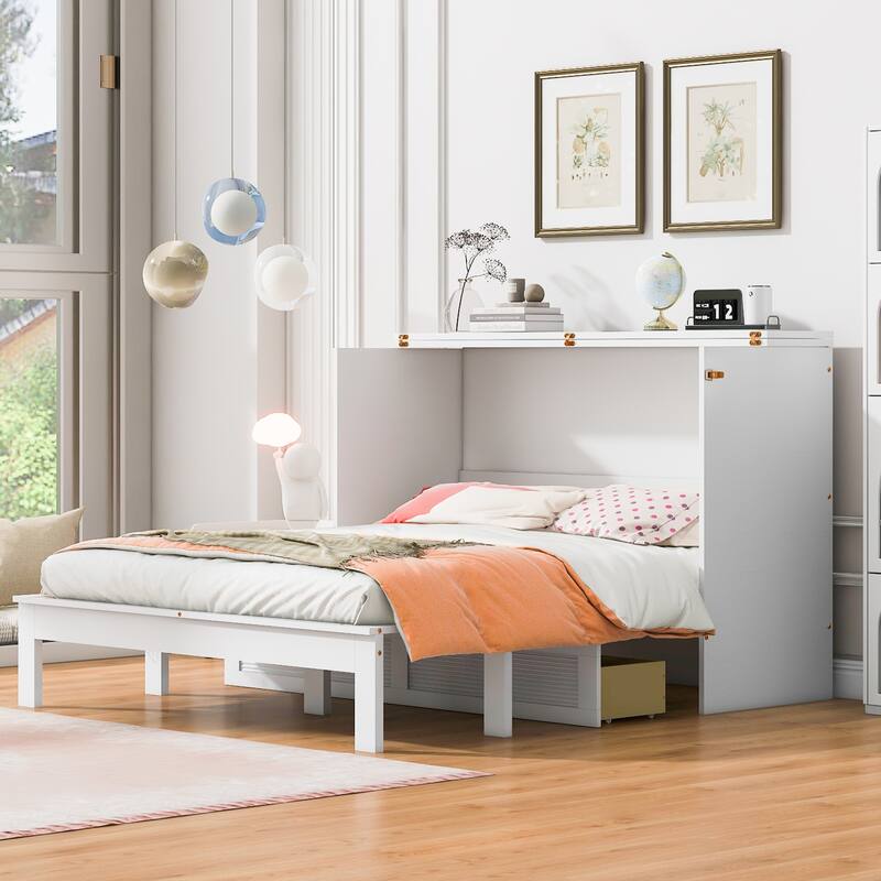 Full/Queen Size Murphy Bed Wall Bed with a Large Storage Drawer, Space Saving Murphy Cabinet Bed w/ a set of Sockets & USB Ports