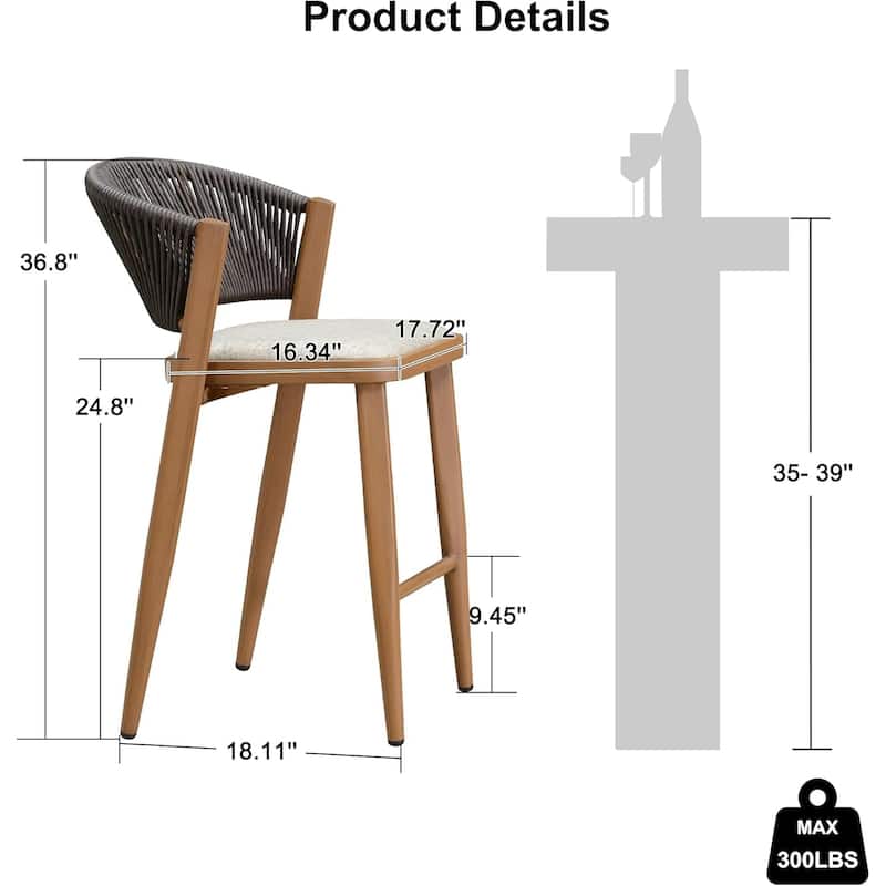 PURPLE LEAF Bar Stool Set of 2 Outdoor Rattan Bar Chair with Back Metal Bar Height Stool Wicker Barstool Dark Grey - N/A