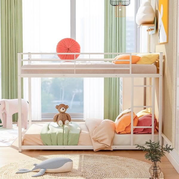 slide 2 of 11, Modern Twin over Twin Metal Bunk Bed with Ladder and Guardrail, White White
