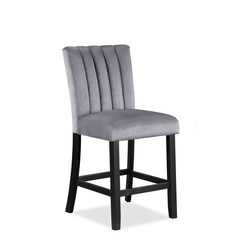2Pc Casual Upholstered Counter Height Velvet Upholstery Chair Channel Tufted Back Wooden Dining Room Furniture Gray Black