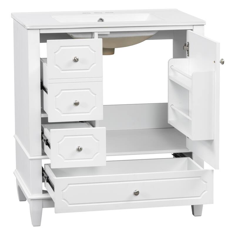 30" Bathroom Vanity With Sink, Freestanding Vanity Cabinet With Ceramic Basin, 3 Drawers, Storage Shelves Included