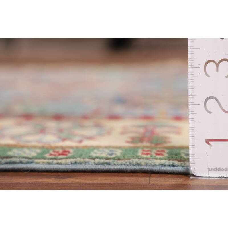 Light Blue Geometric Kazak Rug Living Room Hand-Knotted Wool Carpet - 5'0" x 6'7"